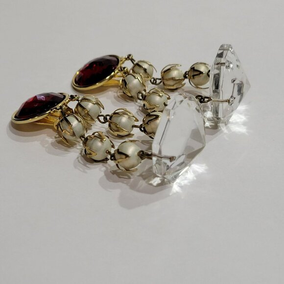 Vintage Clip-On Chandelier Earrings Red Gem Faux Pearl Accents & Crystal Drops - Picture 13 of 16
